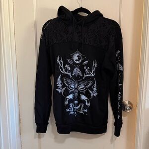 Midnight Hour Forest Witch Lace-Insert Black Graphic Hoodie — NWOT